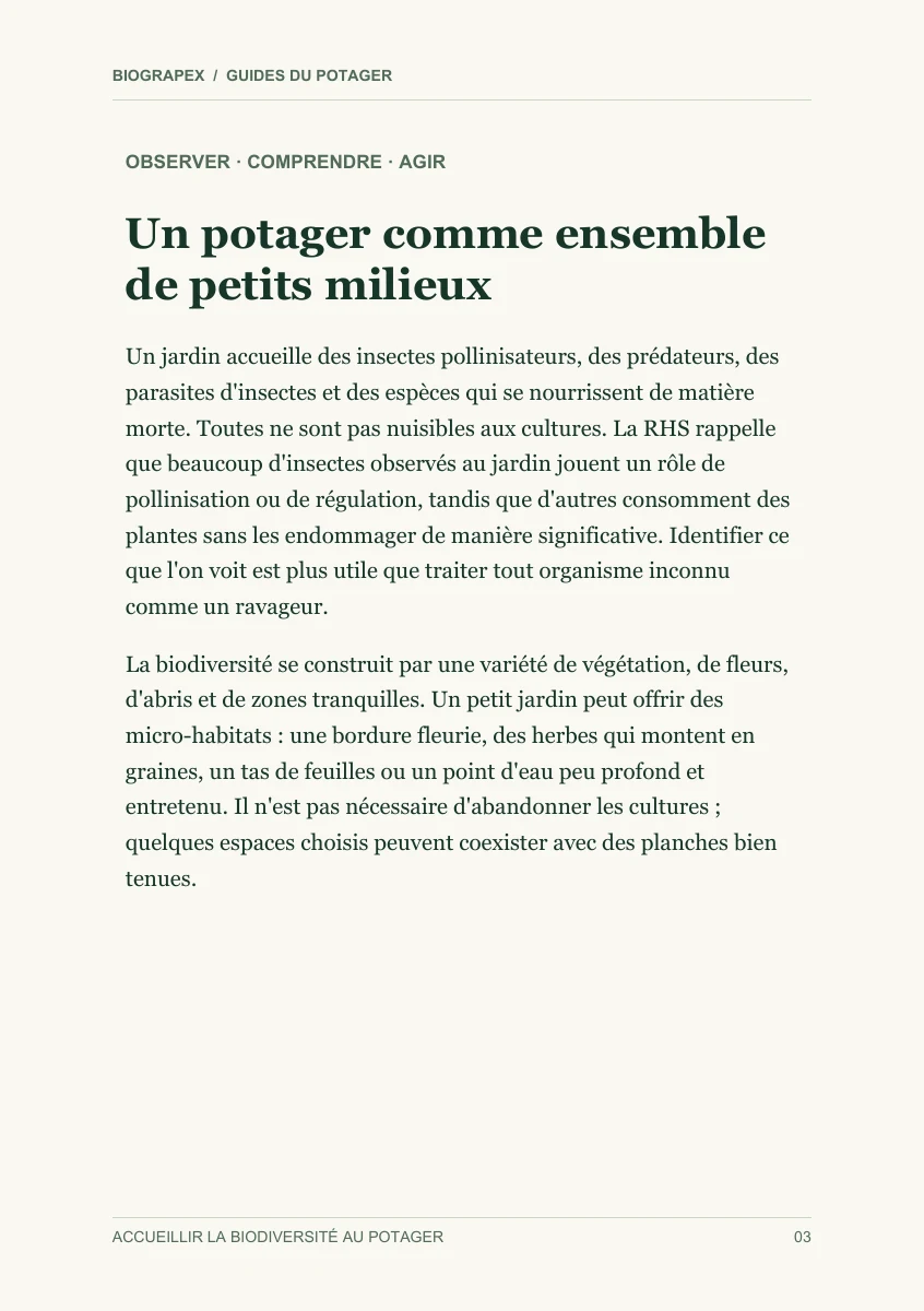 Page intérieure du guide Accueillir la biodiversité au potager : Un potager comme ensemble de petits milieux