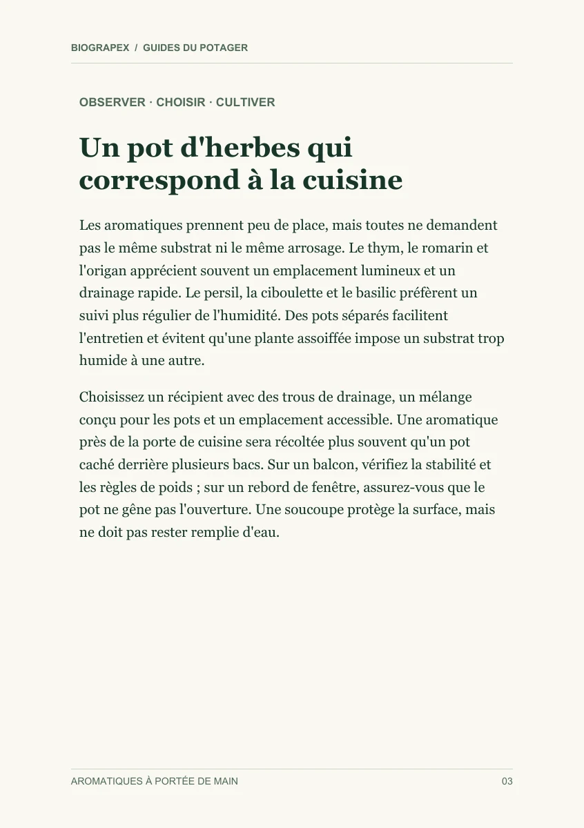 Page intérieure du guide Aromatiques à portée de main : Un pot d'herbes qui correspond à la cuisine