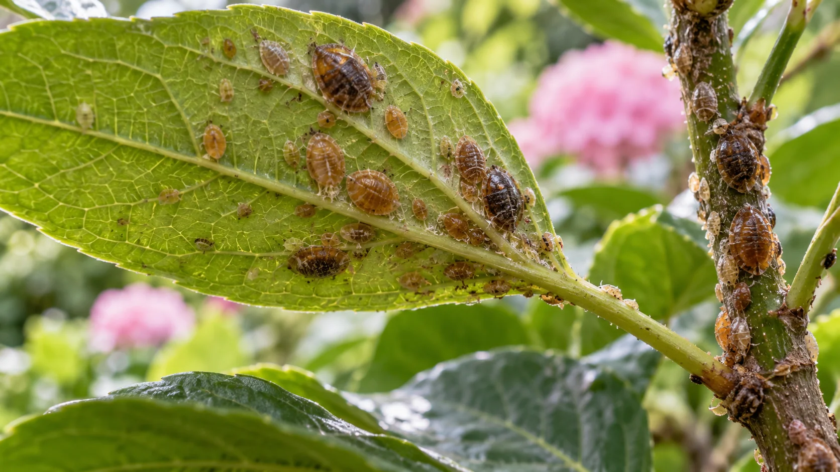 Gros plan illustratif de cochenilles fixées sur la tige et le revers d'une feuille