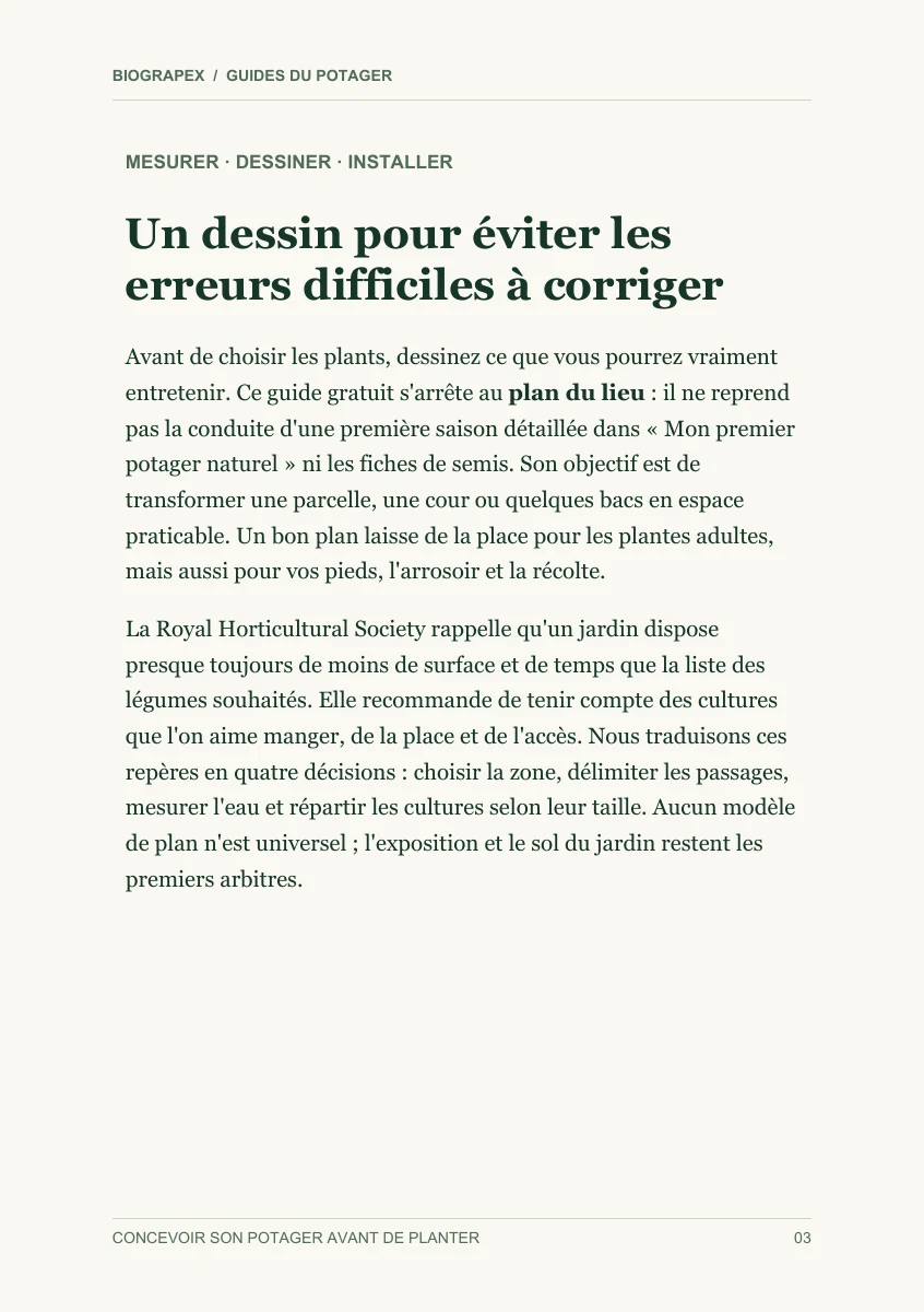 Page intérieure du guide Concevoir son potager avant de planter : Un dessin pour éviter les erreurs difficiles à corriger