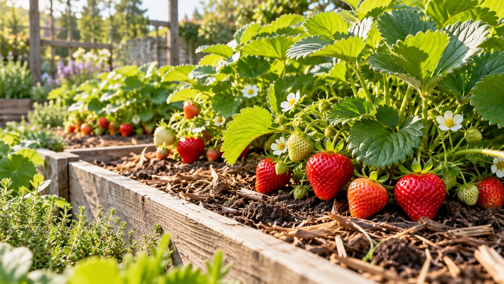 Fraises mûres sur des plants paillés dans une petite parcelle de jardin