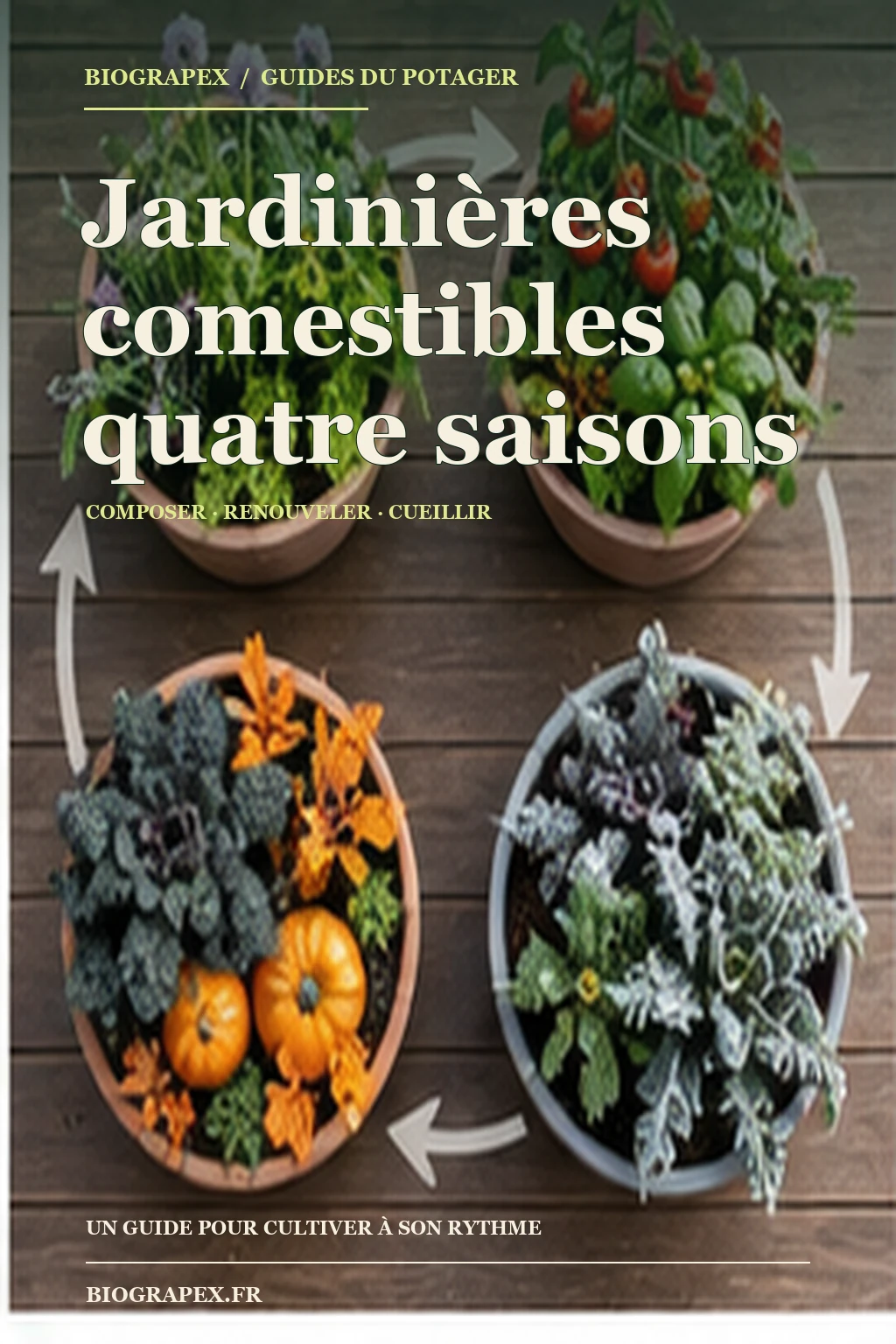 Couverture illustrée de l’ebook Jardinières comestibles pour quatre saisons