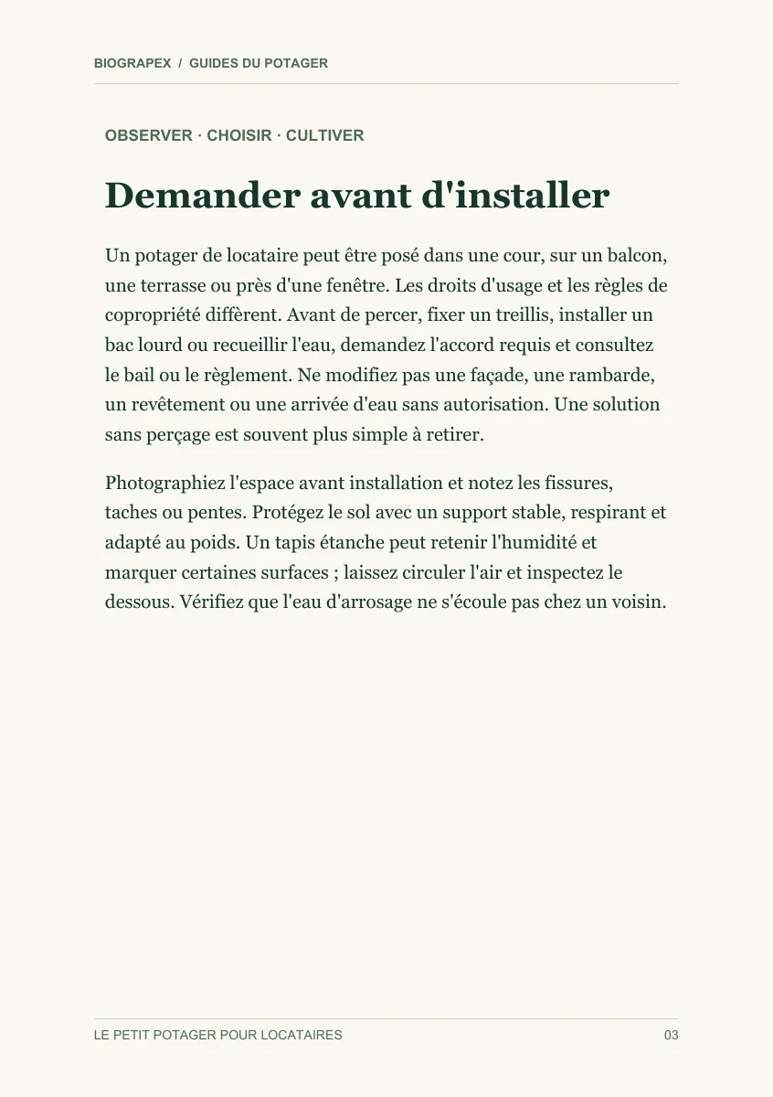 Page intérieure du guide Le petit potager pour locataires : Demander avant d'installer