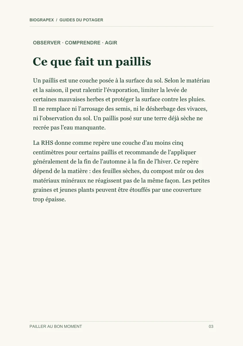 Page intérieure du guide Pailler au bon moment : Ce que fait un paillis