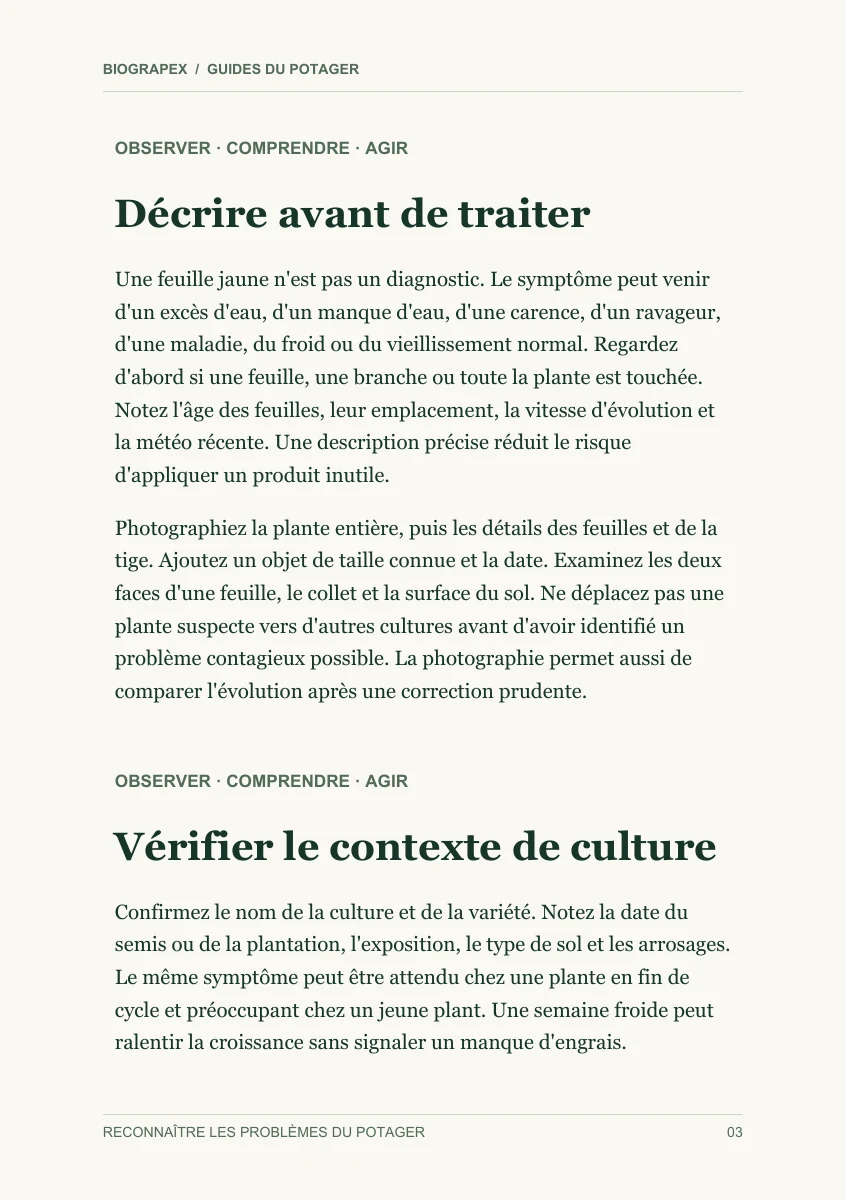 Page intérieure du guide Reconnaître les problèmes du potager : Décrire avant de traiter