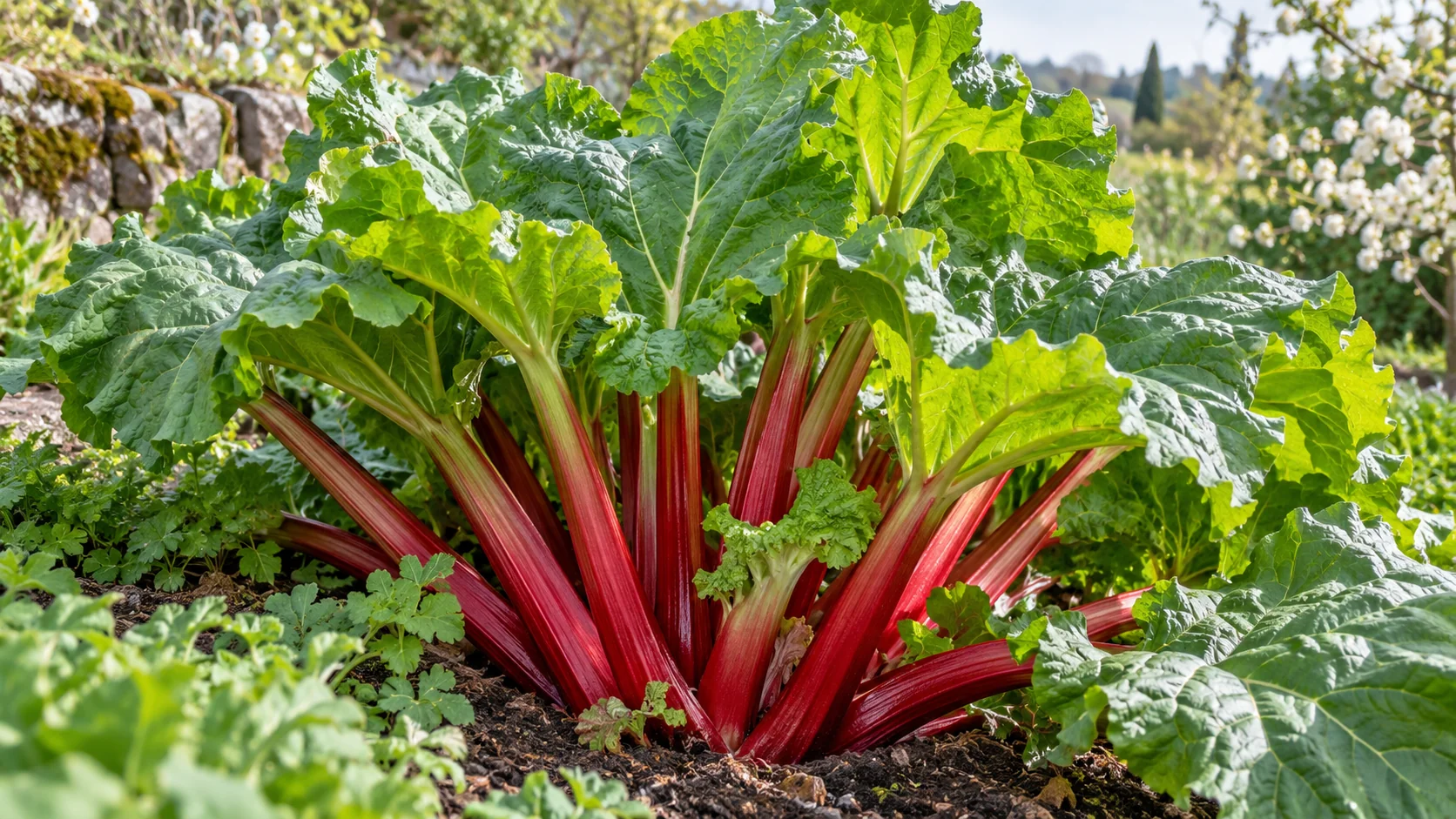Grande touffe de rhubarbe aux pétioles rouges dans un jardin