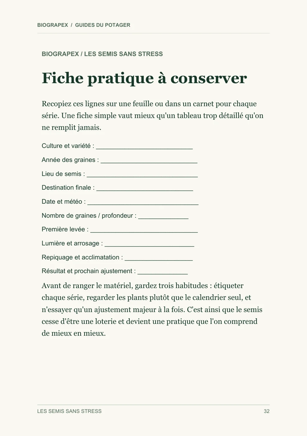 Fiche pratique à remplir pour suivre une série de semis