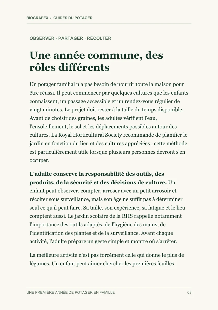 Page intérieure du guide Une première année de potager en famille : Une année commune, des rôles différents
